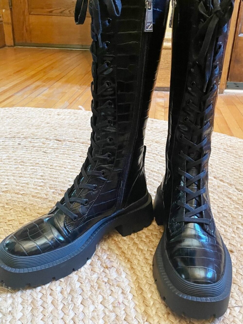NEW! Zara Black Lug Sole Faux Croc Chunky Lace Zipper Tall Combat Boots 38 7.5 - Picture 2 of 14